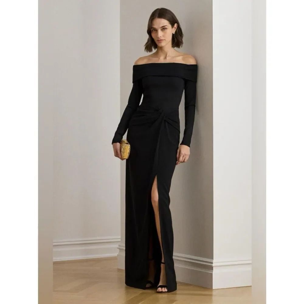 Lauren Ralph Lauren Women's Rib-Knit Off-The-Shoulder Gown Black Dress Size 10 - Picture 3 of 10